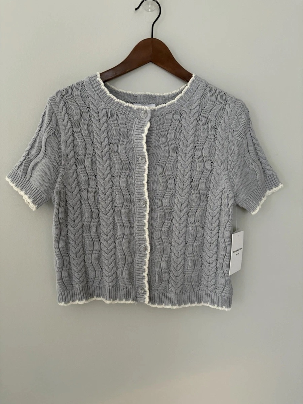 Short-Sleeve Cable Knit Cardigan in Light Gray with White Trim